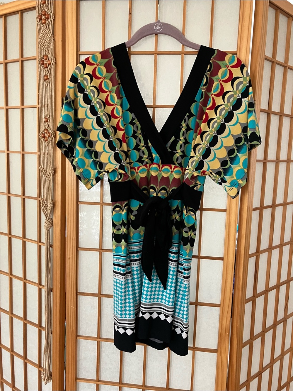 Y2k Geometric Print V-Neck Belted Tunic DEADSTOCK - Picture 6 of 7